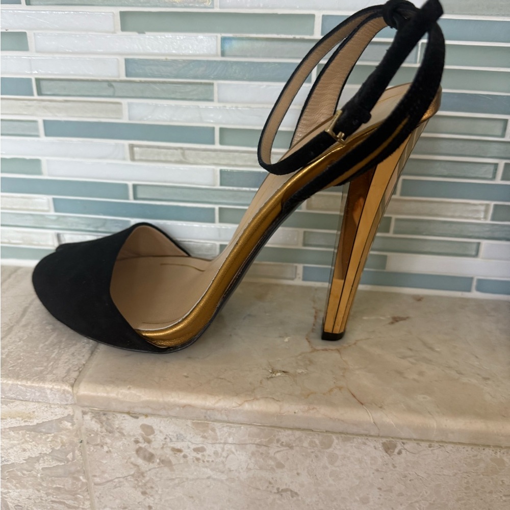 Gucci Black Suede and Gold Strappy Heels, 4 inch mirrored heel, peep toe. - Picture 2 of 12